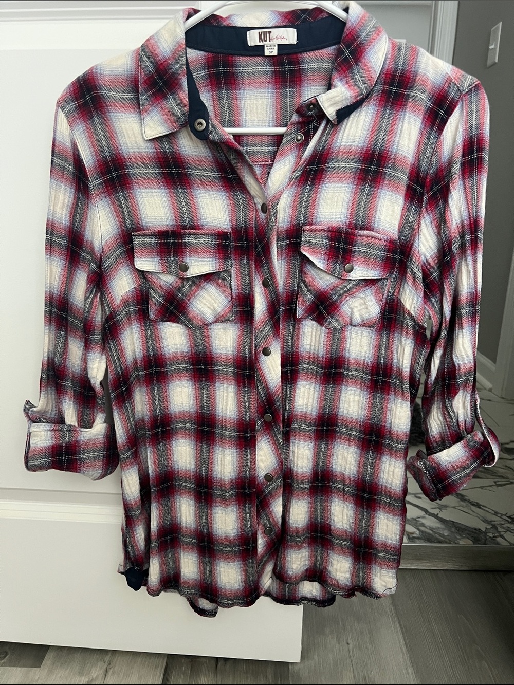 Kut from the Kloth Red, White & Black Plaid Button-Up Shirt